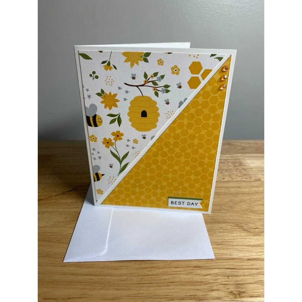 Bee & Flowers Greeting Card – Handmade A2 Card – All Occasion Blank Card